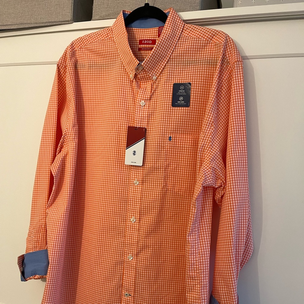 Izod button up shirt in Orange and white gingham with blue cuff detailing